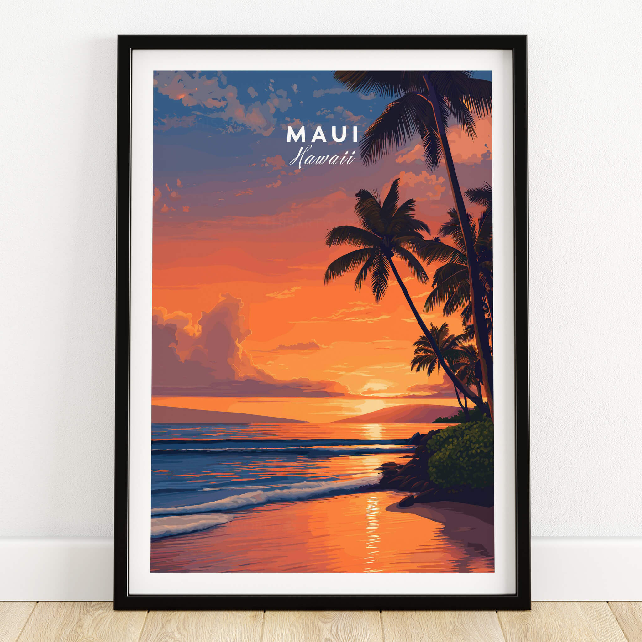 Maui Hawaii Wall Art Print | Tropical Beach Sunset Travel Poster featuring a vibrant sunset over serene beaches with palm trees.