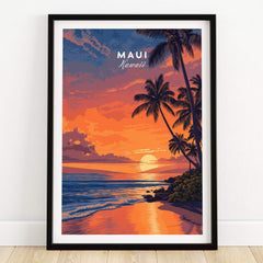Maui Hawaii Travel Poster | Golden Hour Ocean Sunset Wall Art Print showcasing vibrant sunset over beach scene.