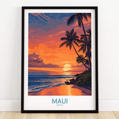Maui Hawaii Canvas Print | Serene Tropical Beach Landscape Poster featuring a vibrant sunset over the ocean with palm trees.