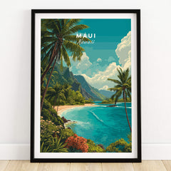 Maui Hawaii Wall Art Print | Lush Tropical Mountain Coast Travel Poster in a beautiful frame.