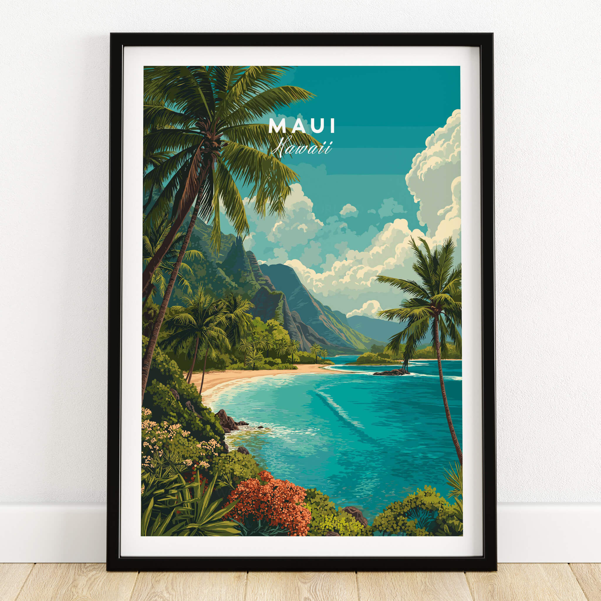 Maui Hawaii Wall Art Print | Lush Tropical Mountain Coast Travel Poster in a beautiful frame.