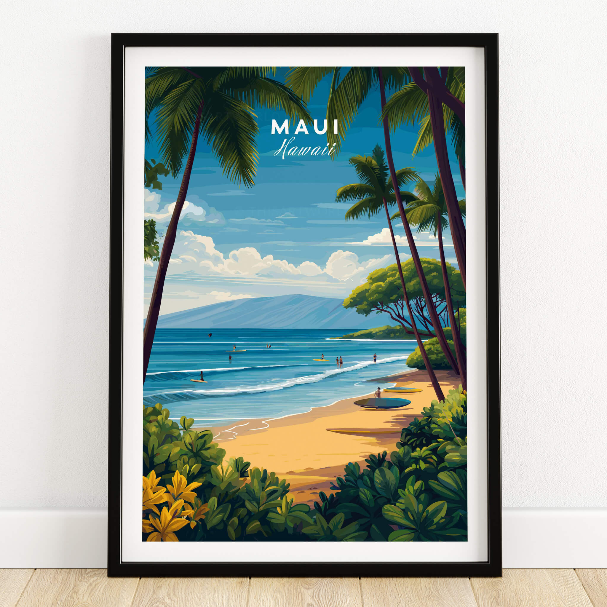 Maui Hawaii Travel Poster | Sunny Surfing Beach Wall Art Print featuring vibrant tropical scenery and surfers on the ocean.