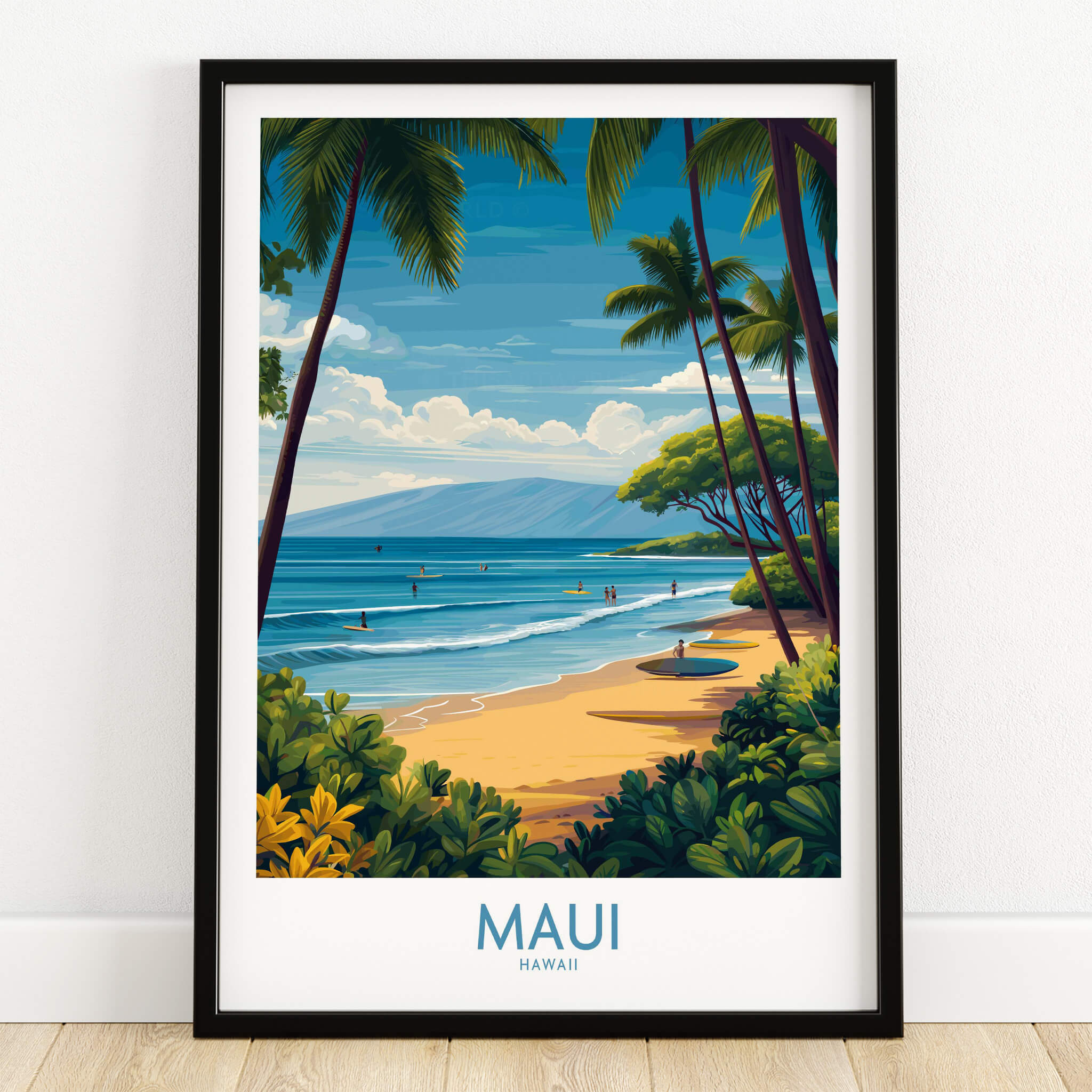 Maui Canvas Print | Hawaii Tropical Palm Trees & Waves Poster featuring a tropical beach scene with palms and ocean waves.