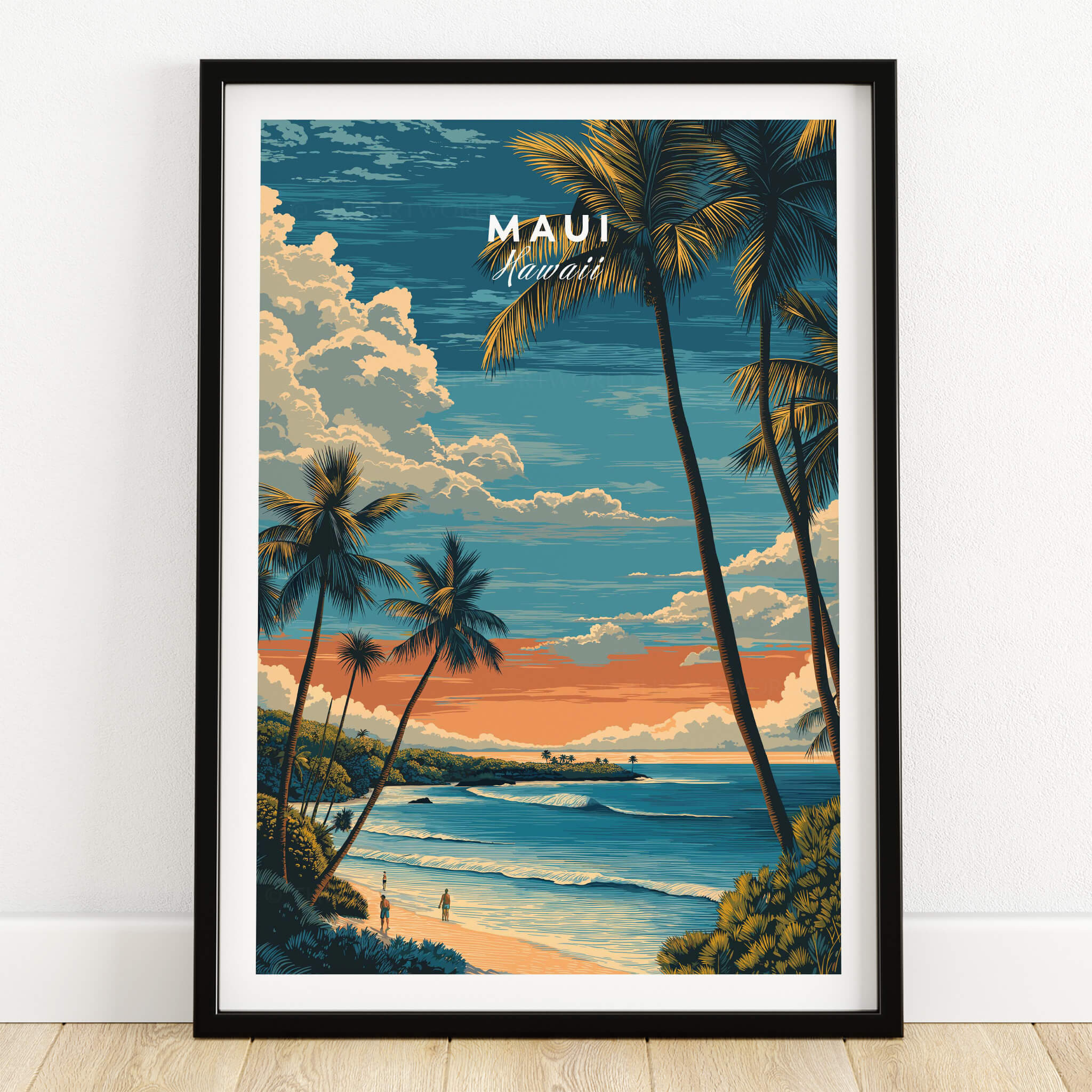 Maui Wall Art Print | Hawaii Evening Coastal Landscape Travel Poster framed in a stylish black frame.