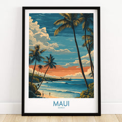 Maui Hawaii Poster | Tropical Twilight Shoreline Canvas Print framed artwork showcasing beach scene at sunset.