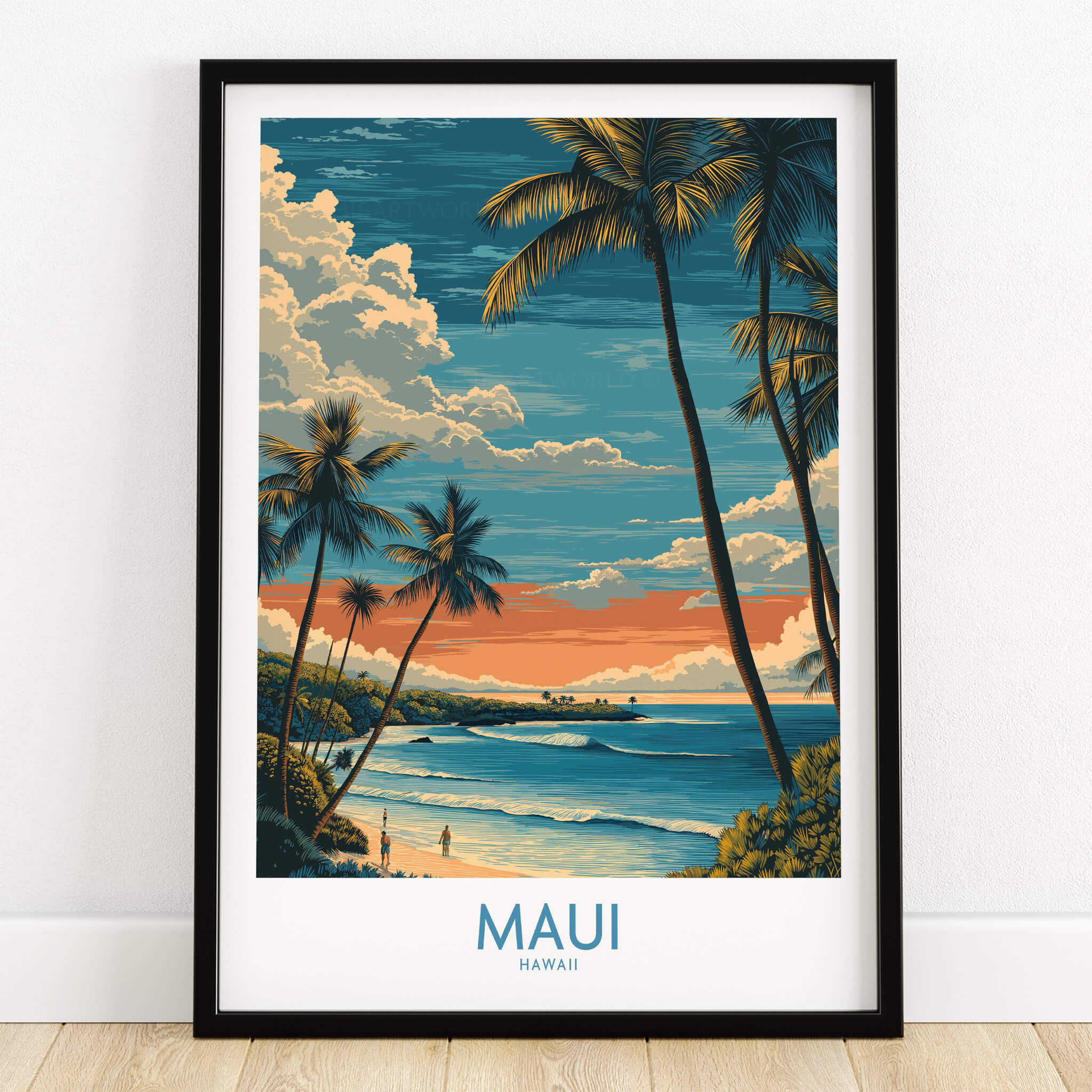 Maui Hawaii Poster | Tropical Twilight Shoreline Canvas Print framed artwork showcasing beach scene at sunset.