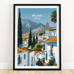Mijas Spain Wall Art Print | Andalusian White Village Travel Poster featuring whitewashed buildings and mountains