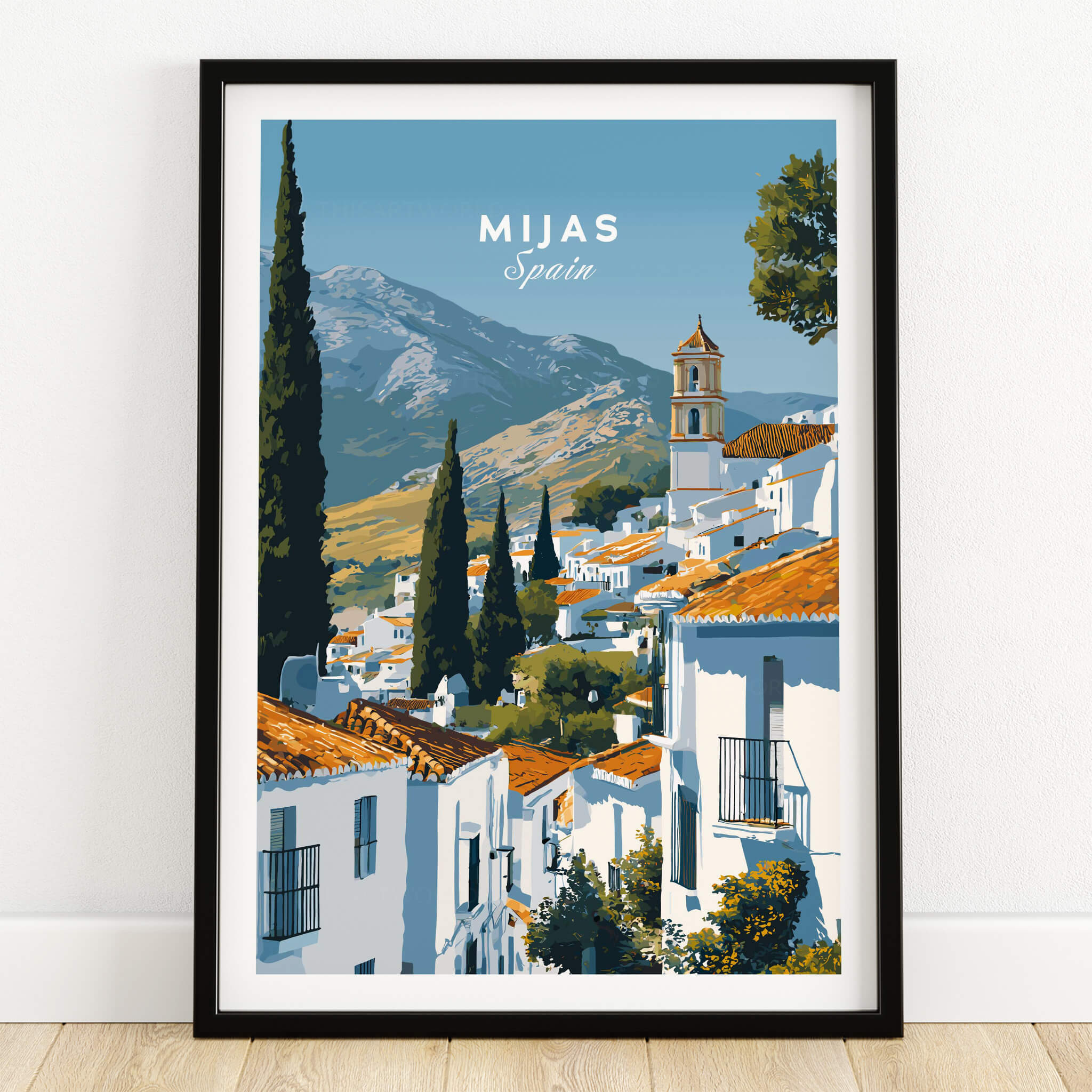 Mijas Spain Wall Art Print | Andalusian White Village Travel Poster featuring whitewashed buildings and mountains
