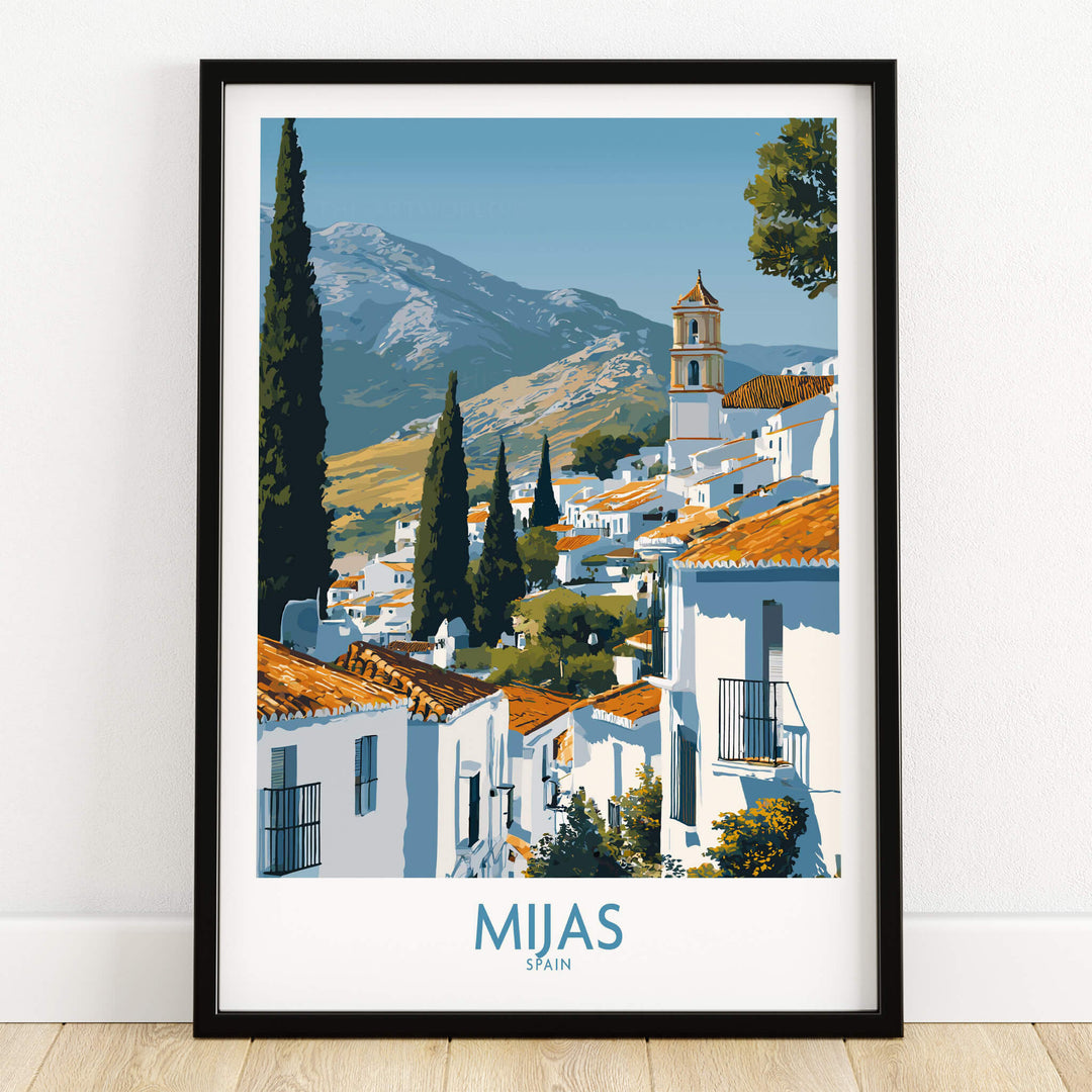 Mijas Spain Poster | Scenic Mountain Town Landscape Canvas Print featuring whitewashed houses and scenic mountains.