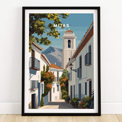 Mijas Spain Travel Poster | Traditional White Street Wall Art Print featuring charming streets and white buildings in Mijas.