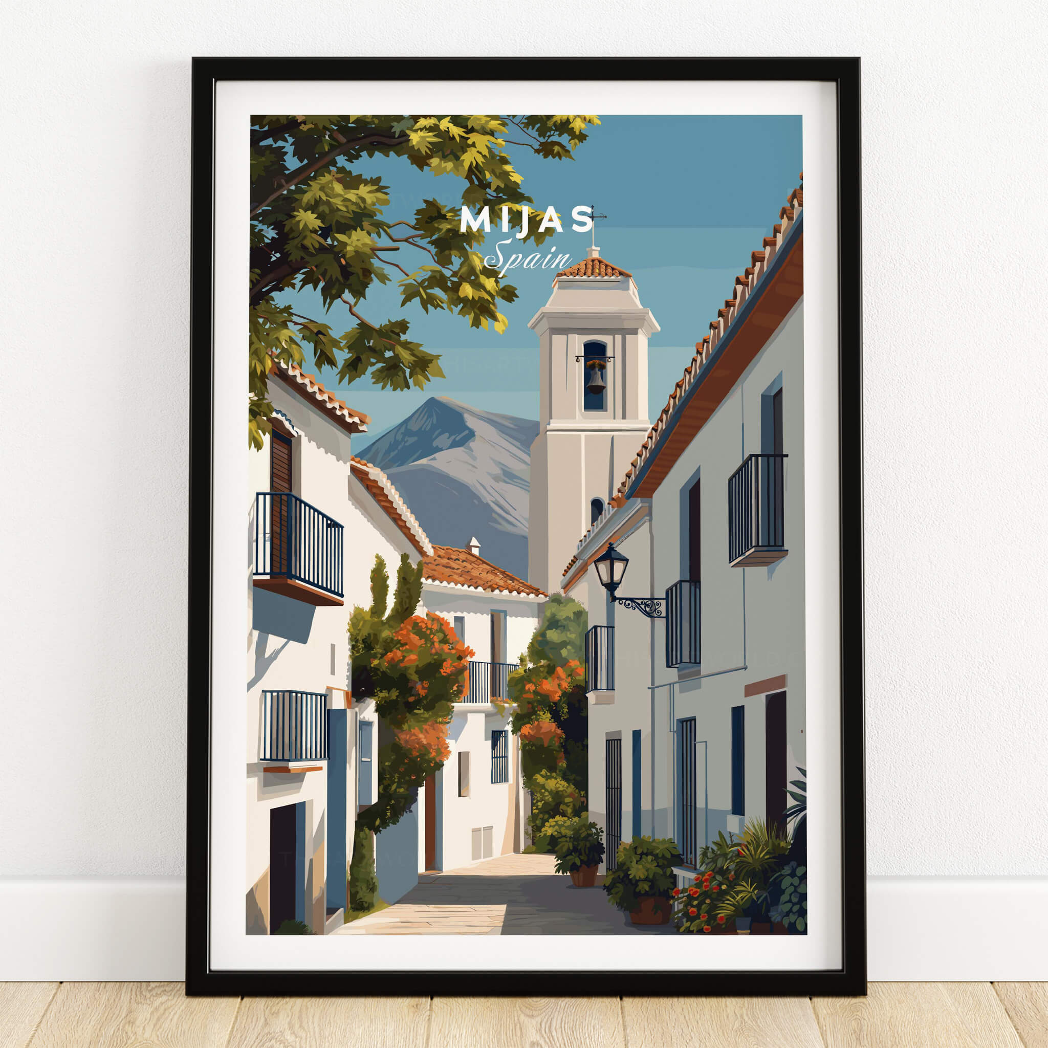 Mijas Spain Travel Poster | Traditional White Street Wall Art Print featuring charming streets and white buildings in Mijas.