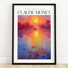 Claude Monet Vibrant Sunset Water Lilies Wall Art - Lake Reflection Print framed art featuring vibrant sunset and water lilies.