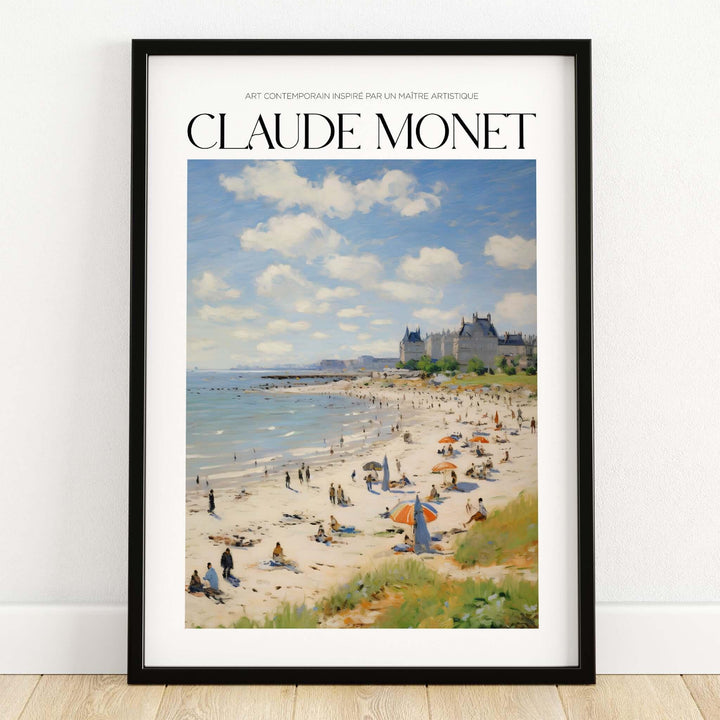 Claude Monet Sunny Beach Day Wall Art - Coastal Resort Scene Print featuring a vibrant beach with people and umbrellas.