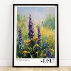 Claude Monet Art Print - Wildflower Meadow Purple Floral Print featuring vibrant purple wildflowers and yellow blooms.