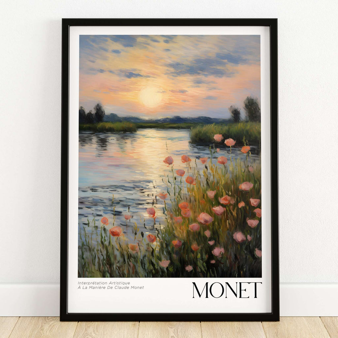 Claude Monet Wall Art Print - Sunset River Poppies featuring pink poppies by a river at sunset.