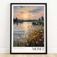 Claude Monet Wall Art Print - Sunset River Poppies featuring pink poppies by a river at sunset.