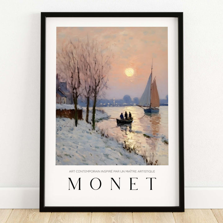 Claude Monet Poster - Winter River Sunset Wall Art - Snow Scene Print showcasing a serene winter riverside at sunset.