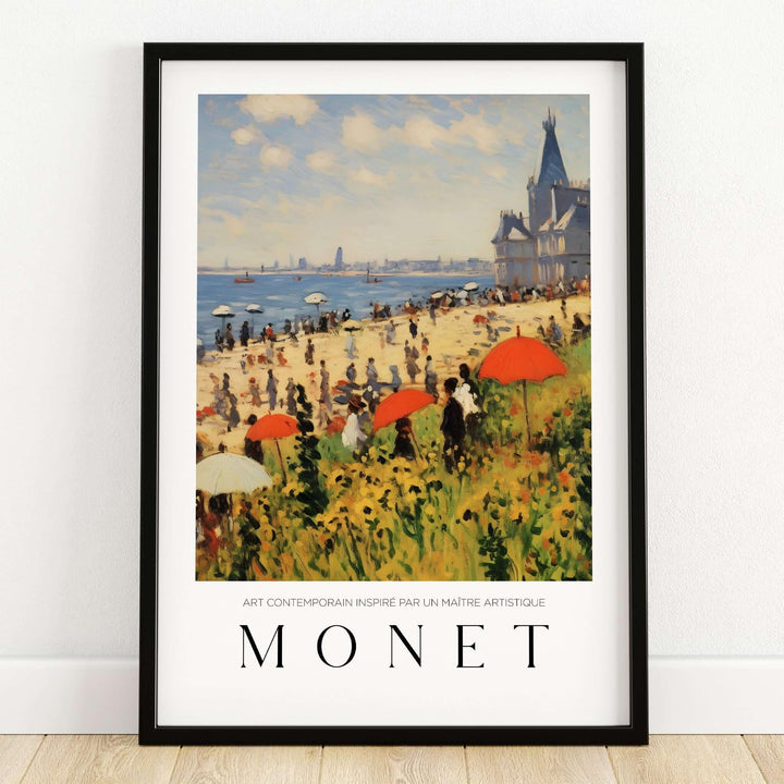 Claude Monet Art Print - Sunny Beach Resort with Flowers Poster showcasing a vibrant beach scene with sunbathers and umbrellas.
