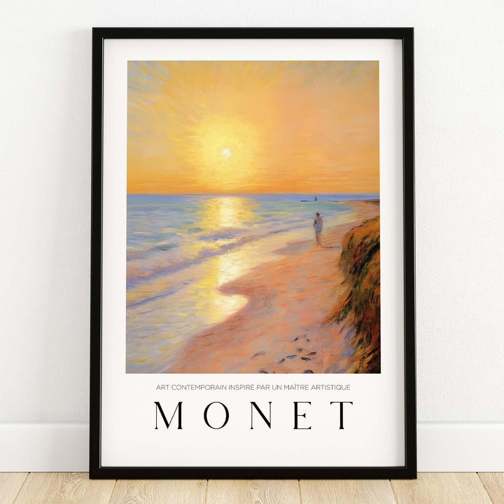 Claude Monet Art Print - Golden Hour Beach Stroll Wall Art featuring a serene beach scene at sunset.