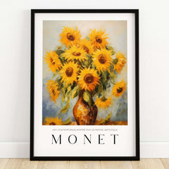 Claude Monet Art Print - Radiant Sunflowers in Vase Wall Art featuring vibrant sunflowers in a brown vase.