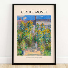 Monet Artists Garden at Vétheuil Sunflowers Impressionist Art Print Poster framed artwork of a vibrant summer garden.