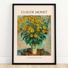 Monet Jerusalem Artichoke Flowers Still Life Floral Art Print Poster featuring vibrant yellow flowers in a vase.
