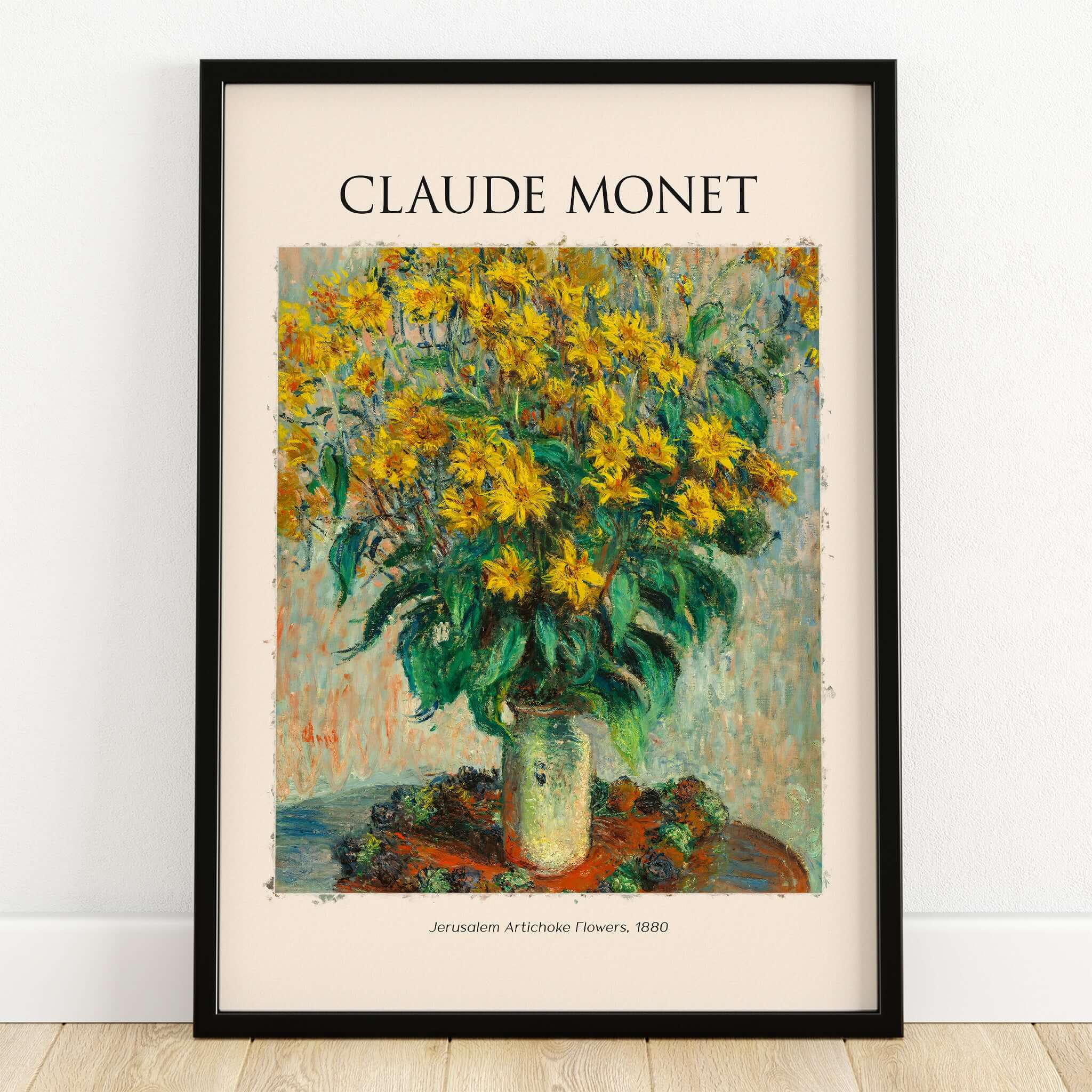 Monet Jerusalem Artichoke Flowers Still Life Floral Art Print Poster featuring vibrant yellow flowers in a vase.