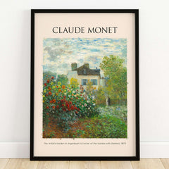 Monet Artists Garden Argenteuil Dahlias Floral Impressionist Poster Art Print featuring vibrant dahlias and a house.