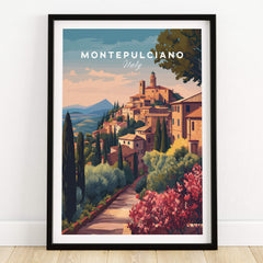 Montepulciano Italy Travel Poster | Tuscan Sunset Wall Art Print featuring a scenic view of the Tuscan landscape.