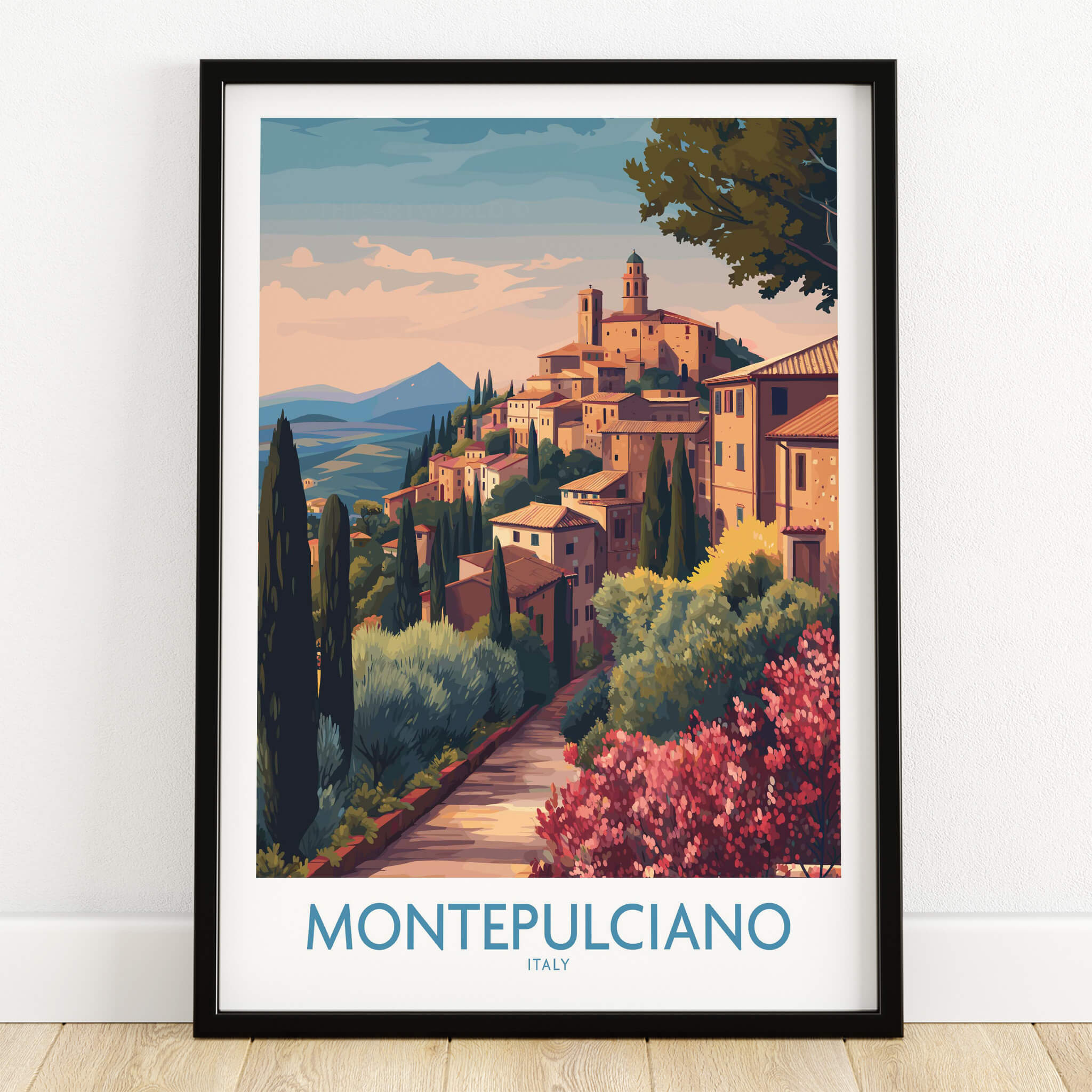 Montepulciano Italy Canvas Print | Italian Sunset Landscape Poster showcasing Tuscany's scenic hills and architecture.