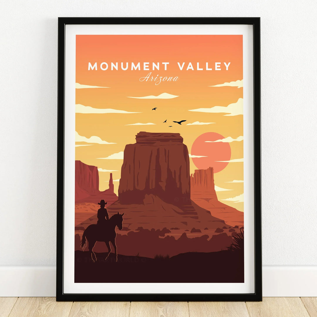 Monument Valley Arizona art print in black frame, sunset desert landscape with cowboy and buttes