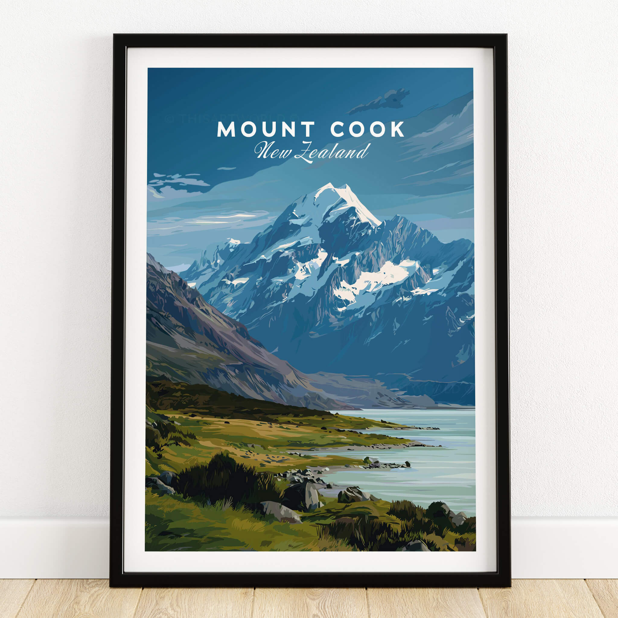 Mount Cook New Zealand Wall Art Print | Aoraki National Park Travel Poster framed art showcasing stunning mountain scenery.