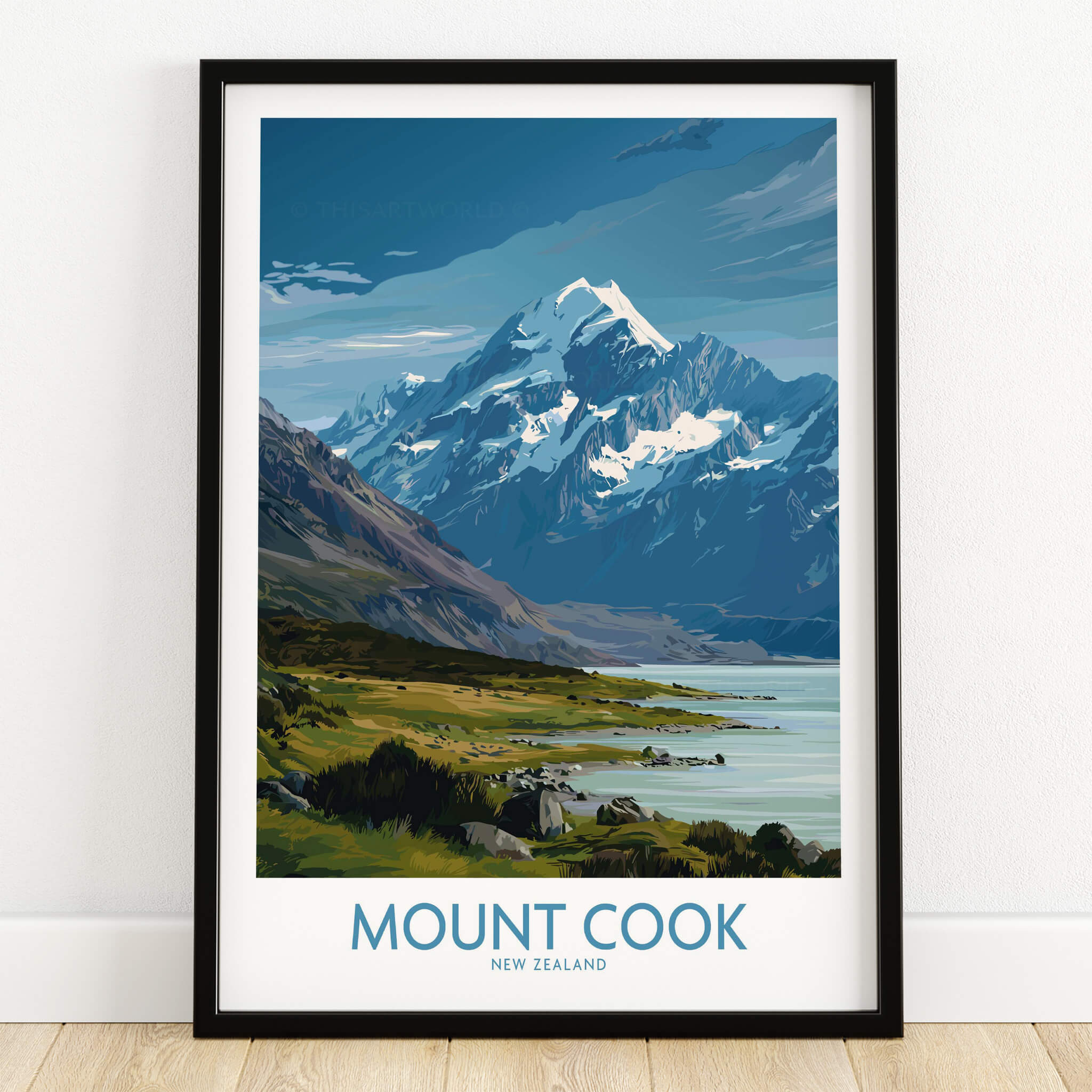 Mount Cook New Zealand Poster | Southern Alps Mountain Canvas Print featuring stunning alpine peak and landscape.