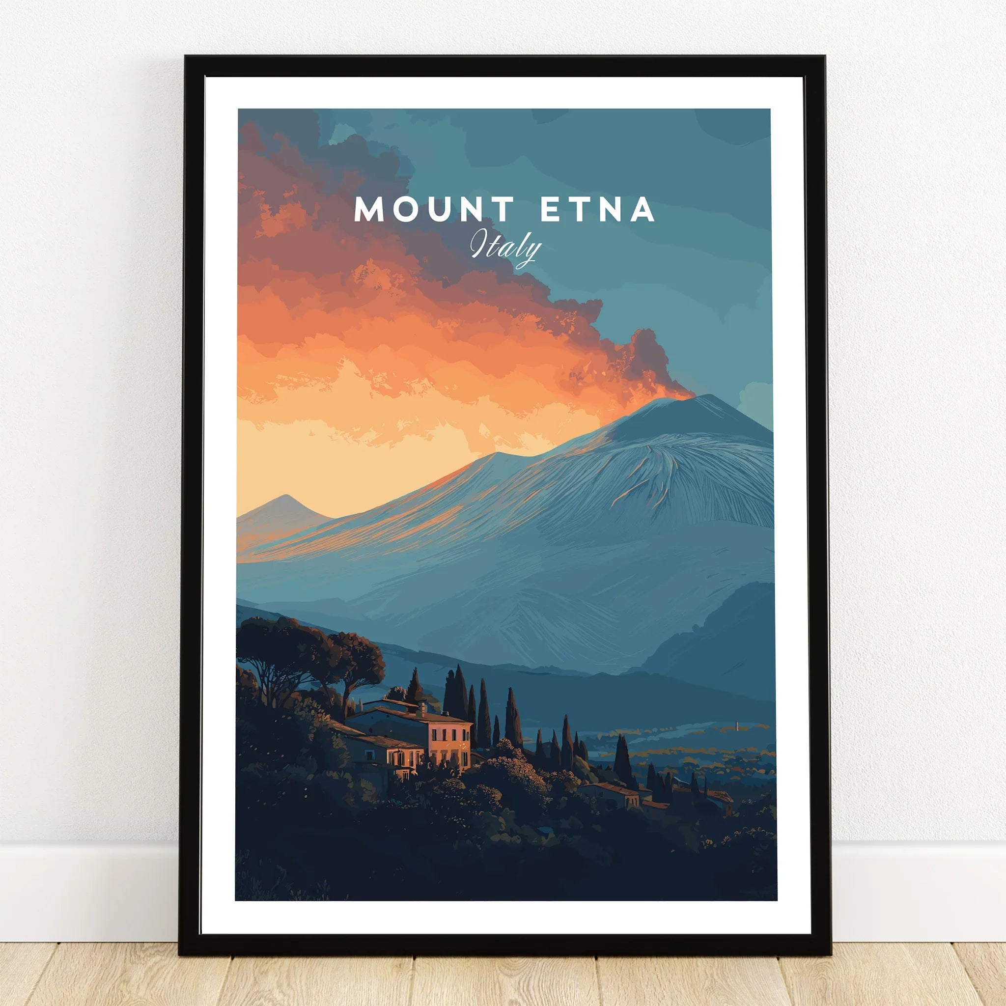 Mount Etna art print in black frame, sunset landscape with Italian villa and volcano