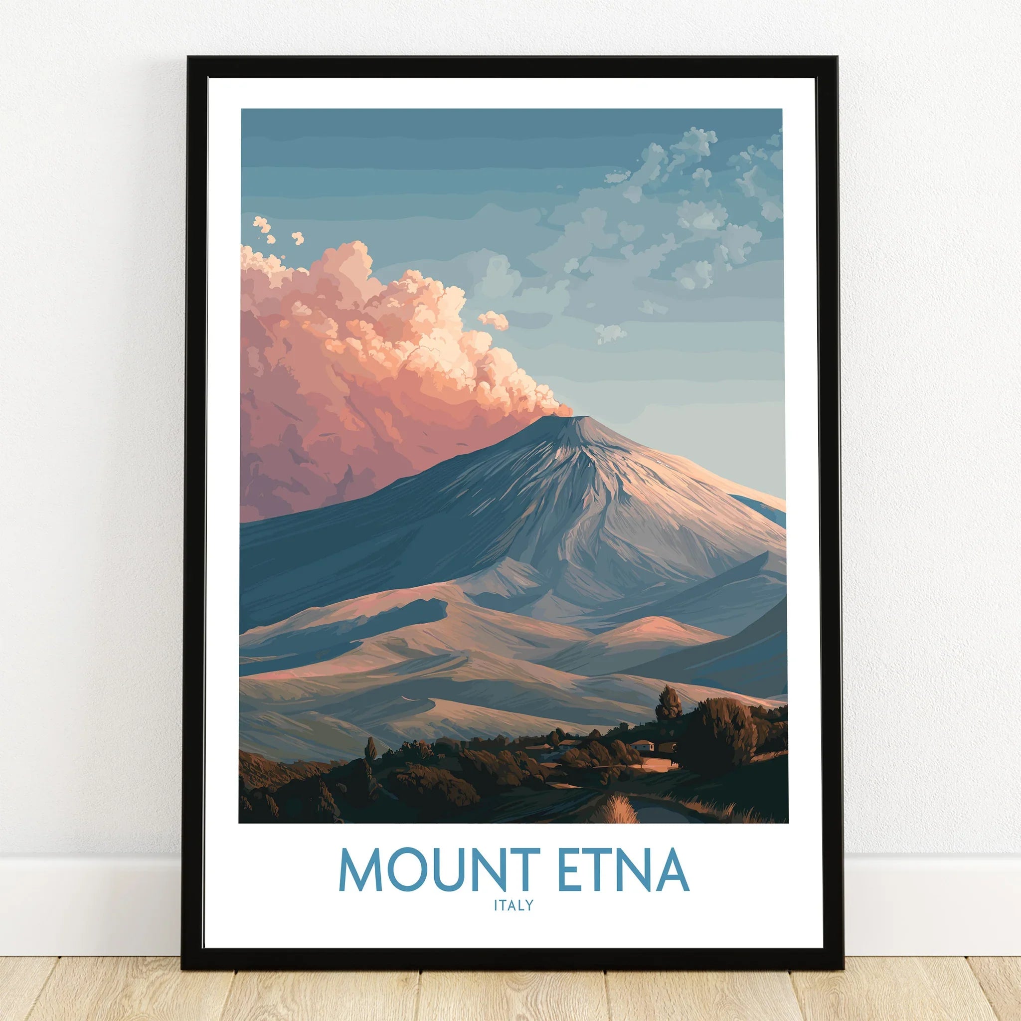 Mount Etna Italy travel poster in black frame, volcano wall art on wooden floor