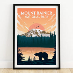 Mount Rainier National Park art print with bear silhouette, pine trees, and sunset reflection