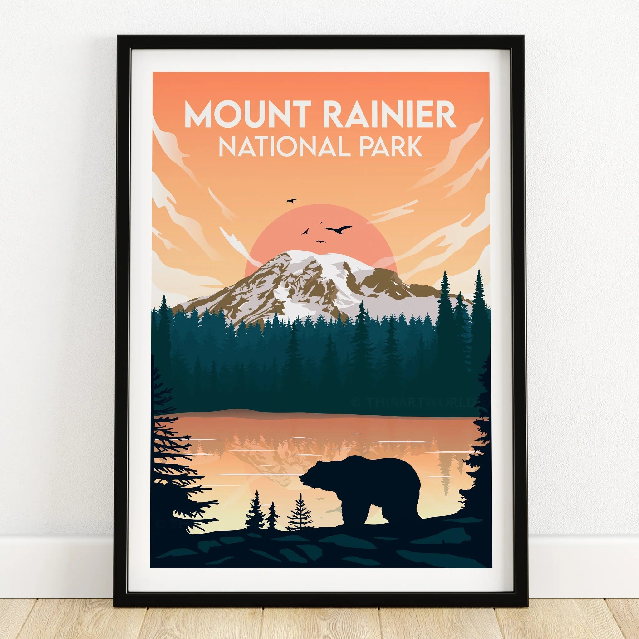 Mount Rainier National Park art print with bear silhouette, pine trees, and sunset reflection
