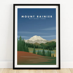 Mount Rainier National Park art print in black frame with mountain and forest landscape