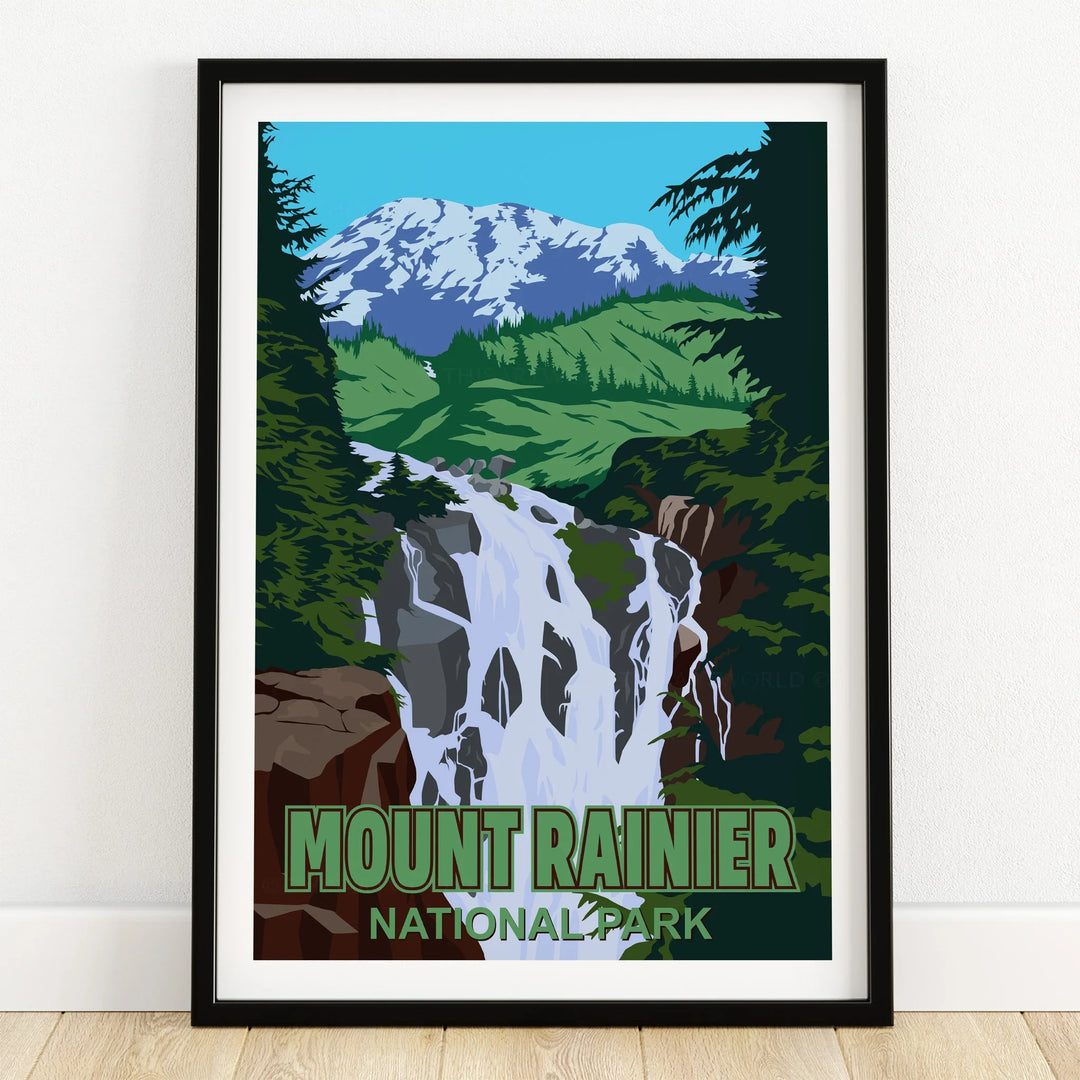Mount Rainier National Park art print in black frame featuring waterfall and snowy mountain