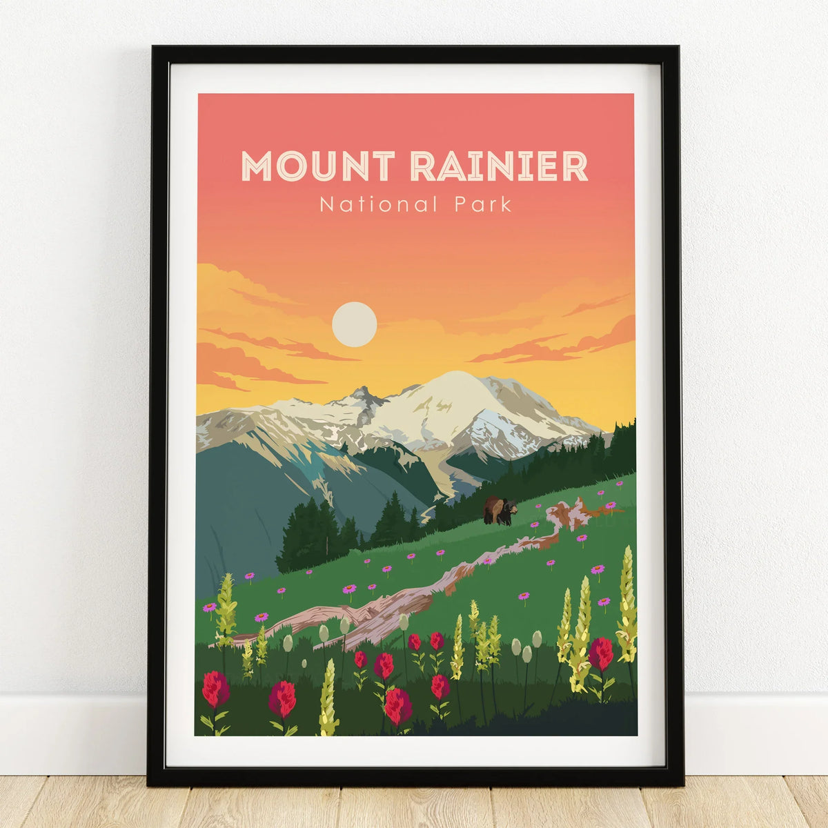 Mount Rainier National Park art print with mountain, wildflowers, and sunset in black frame
