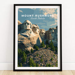 Mount Rushmore Wall Art Print | American Landmark Travel Poster featuring presidential faces in South Dakota landscape.