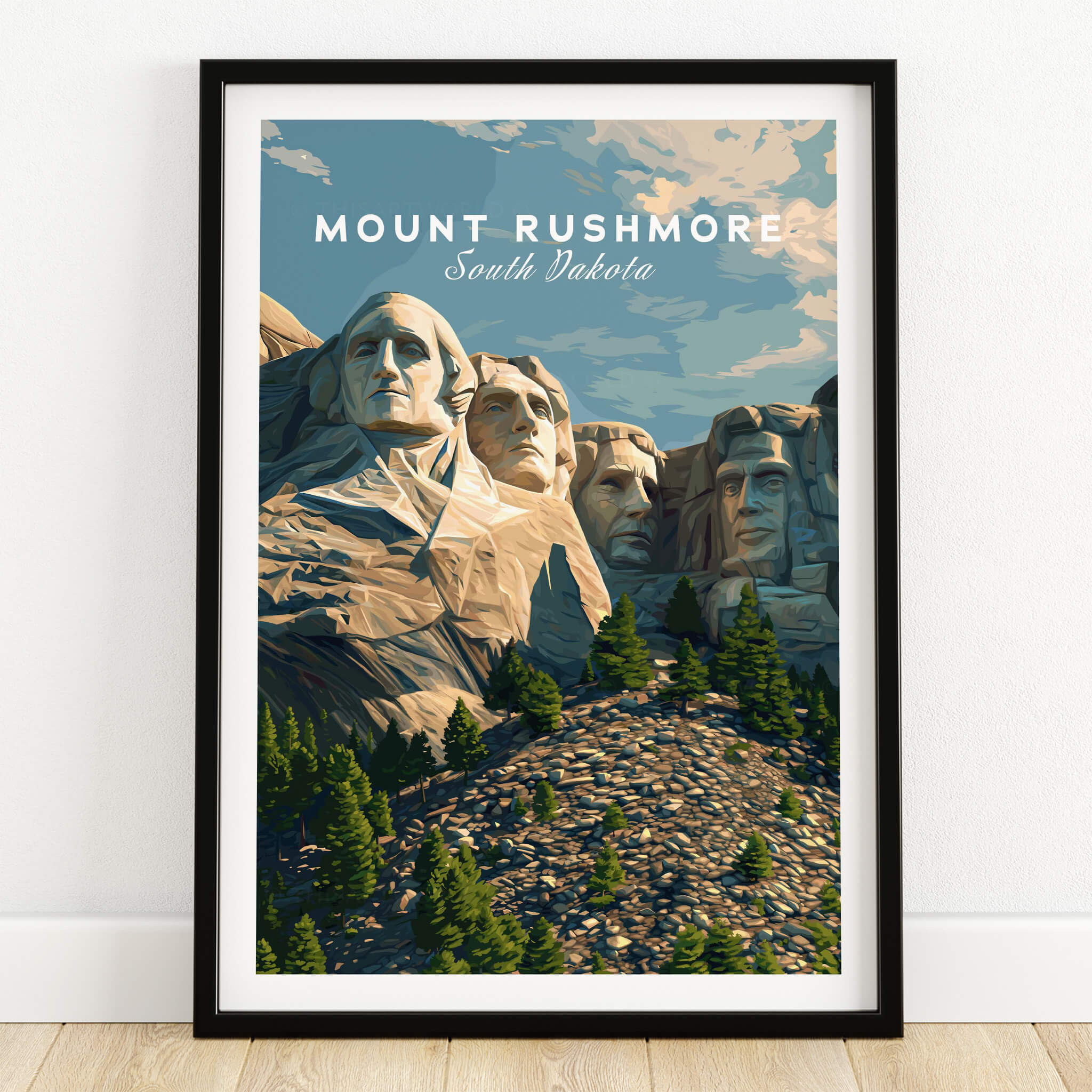 Mount Rushmore Wall Art Print | American Landmark Travel Poster featuring presidential faces in South Dakota landscape.