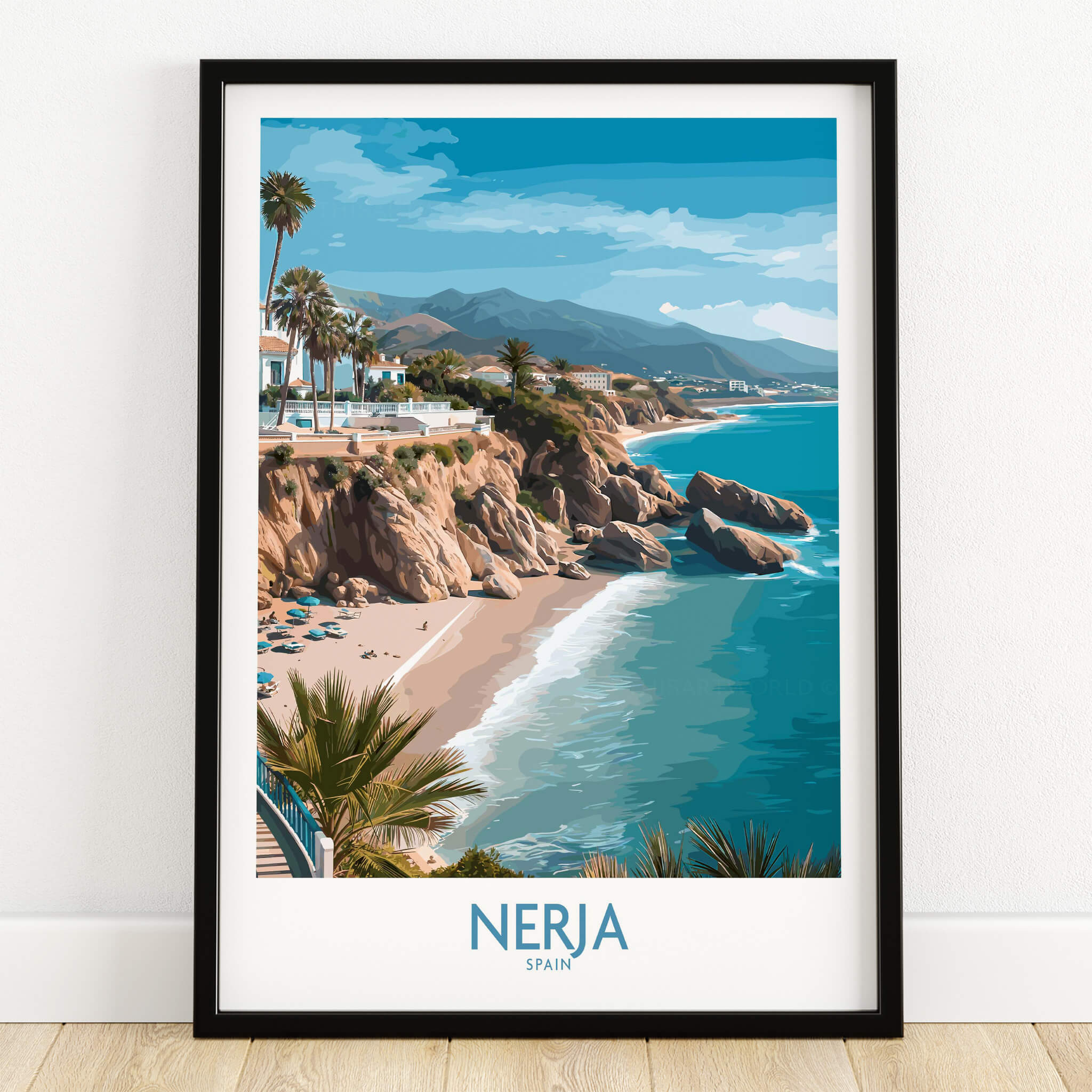 Nerja Spain Poster | Mediterranean Beach Landscape Canvas Print showcasing picturesque coastal scenery.