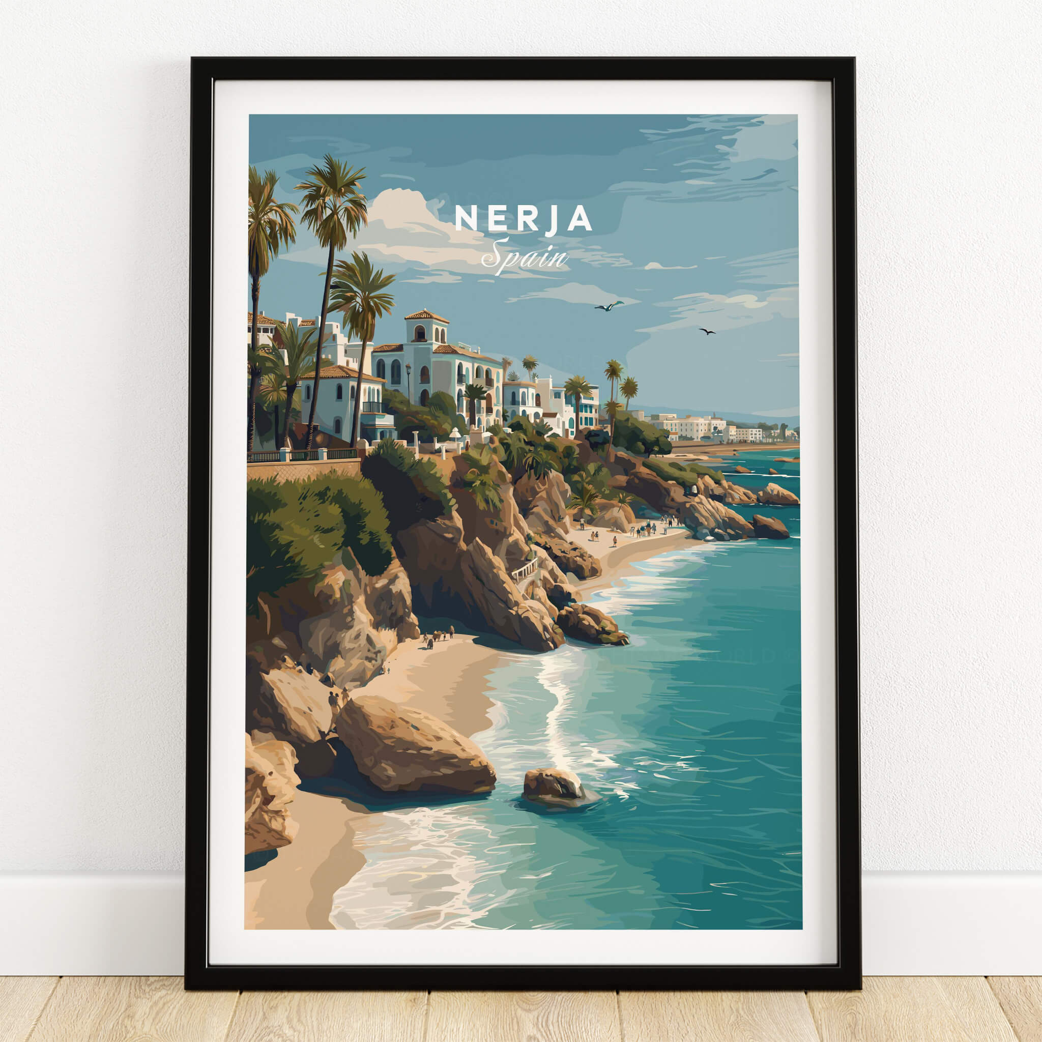Nerja Spain Wall Art Print | Mediterranean Travel Poster showcasing coastal cliffs and turquoise waters.