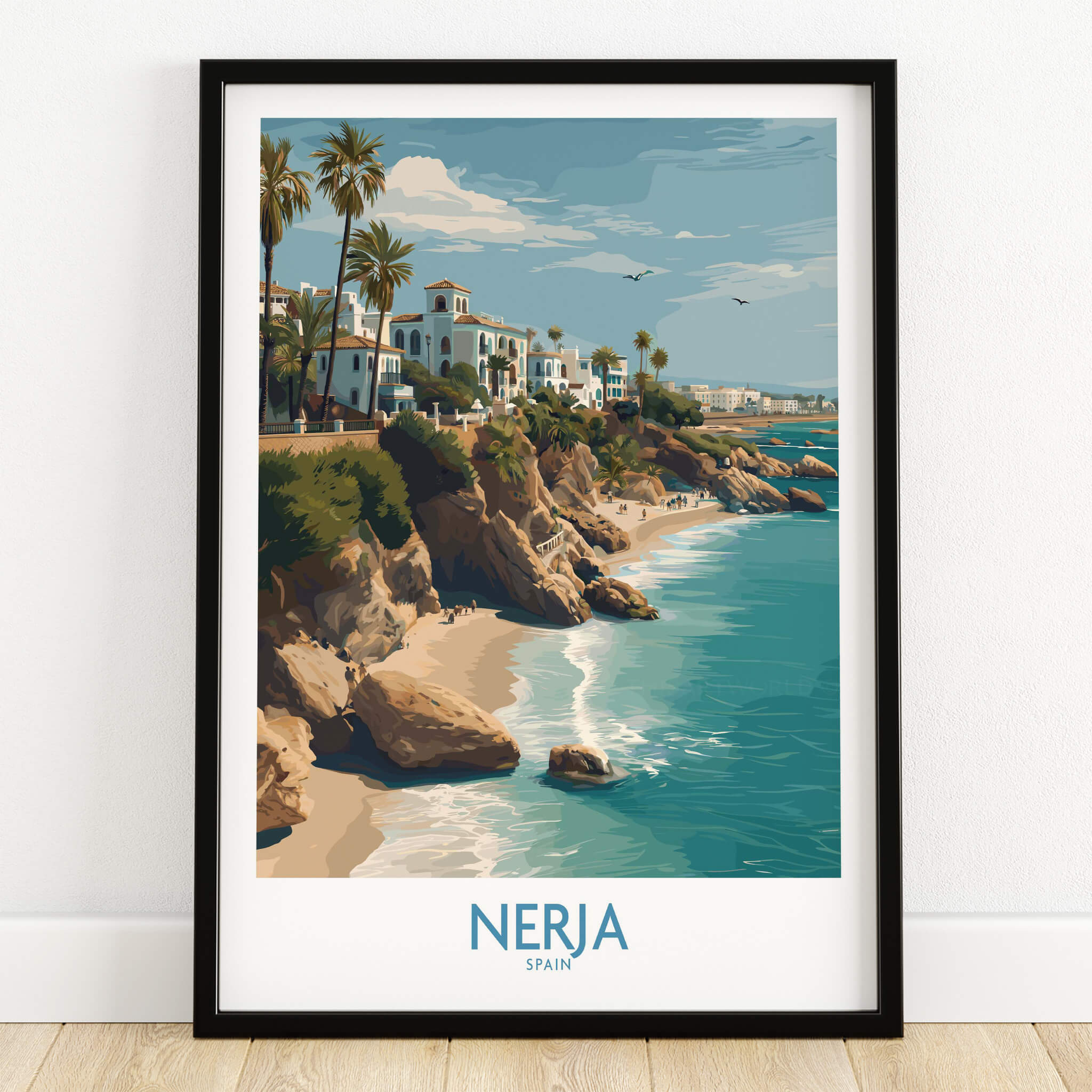 Nerja Spain Poster | Spanish Village Canvas Print depicting the beautiful coastline and architecture of Nerja, Spain.