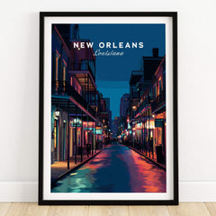 New Orleans Travel Poster | Bourbon Street Night Wall Art Print featuring vibrant nightlife and historic charm.