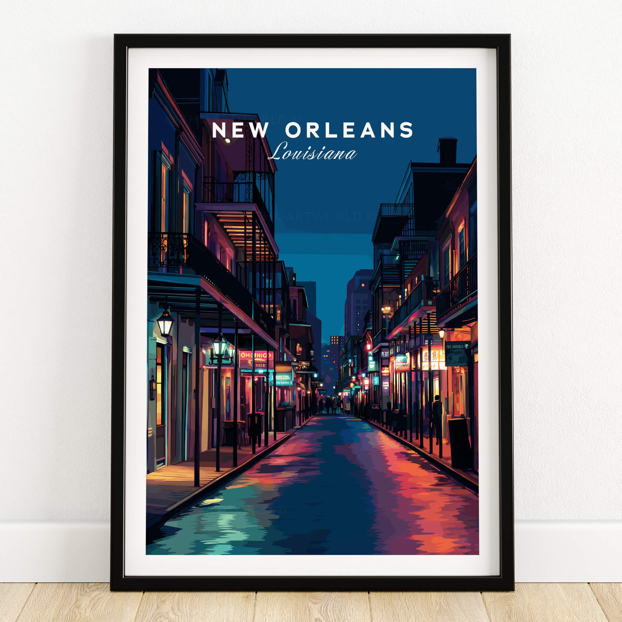 New Orleans Travel Poster | Bourbon Street Night Wall Art Print featuring vibrant nightlife and historic charm.