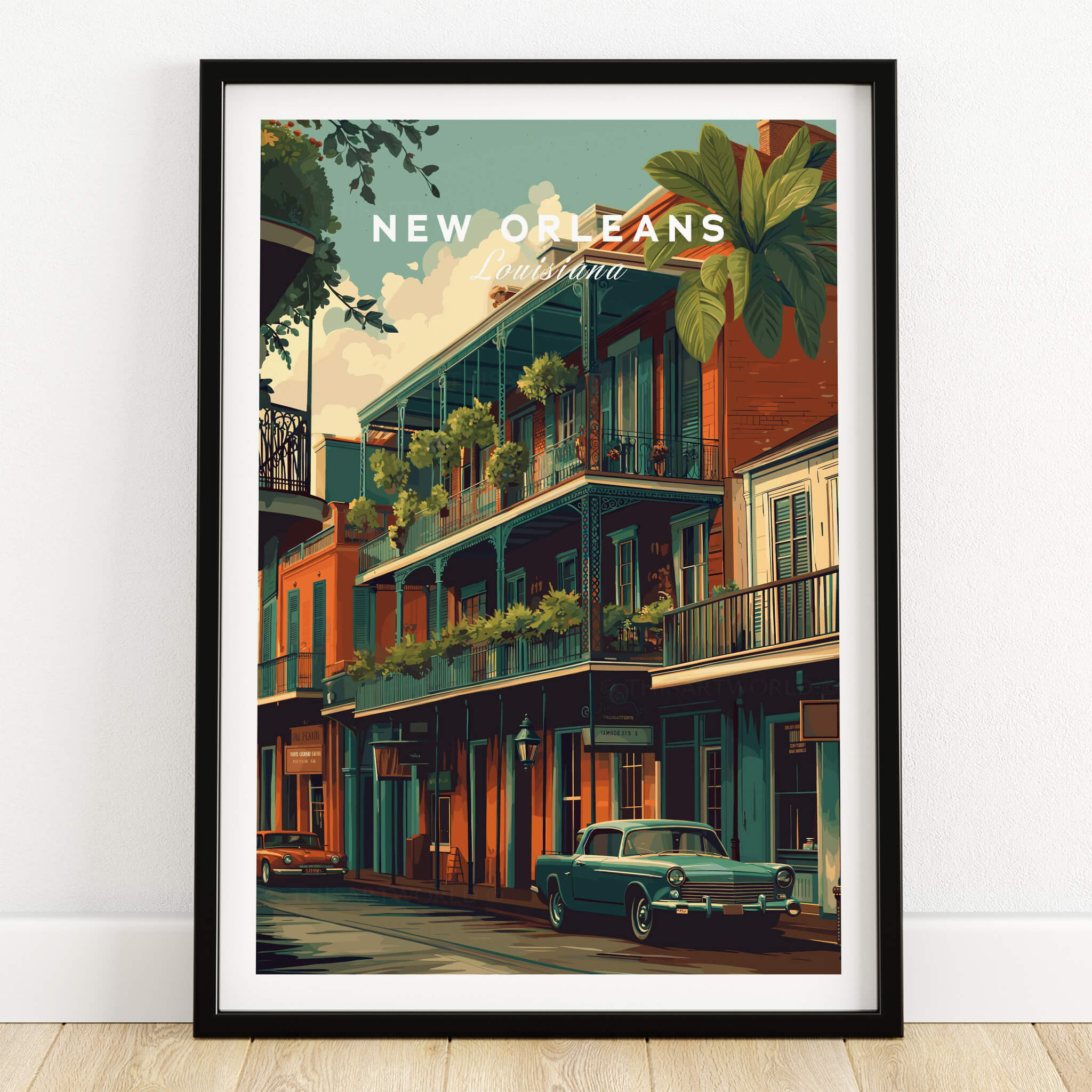 New Orleans Wall Art Print | French Quarter Balcony Travel Poster showcasing iconic balconies and architecture.
