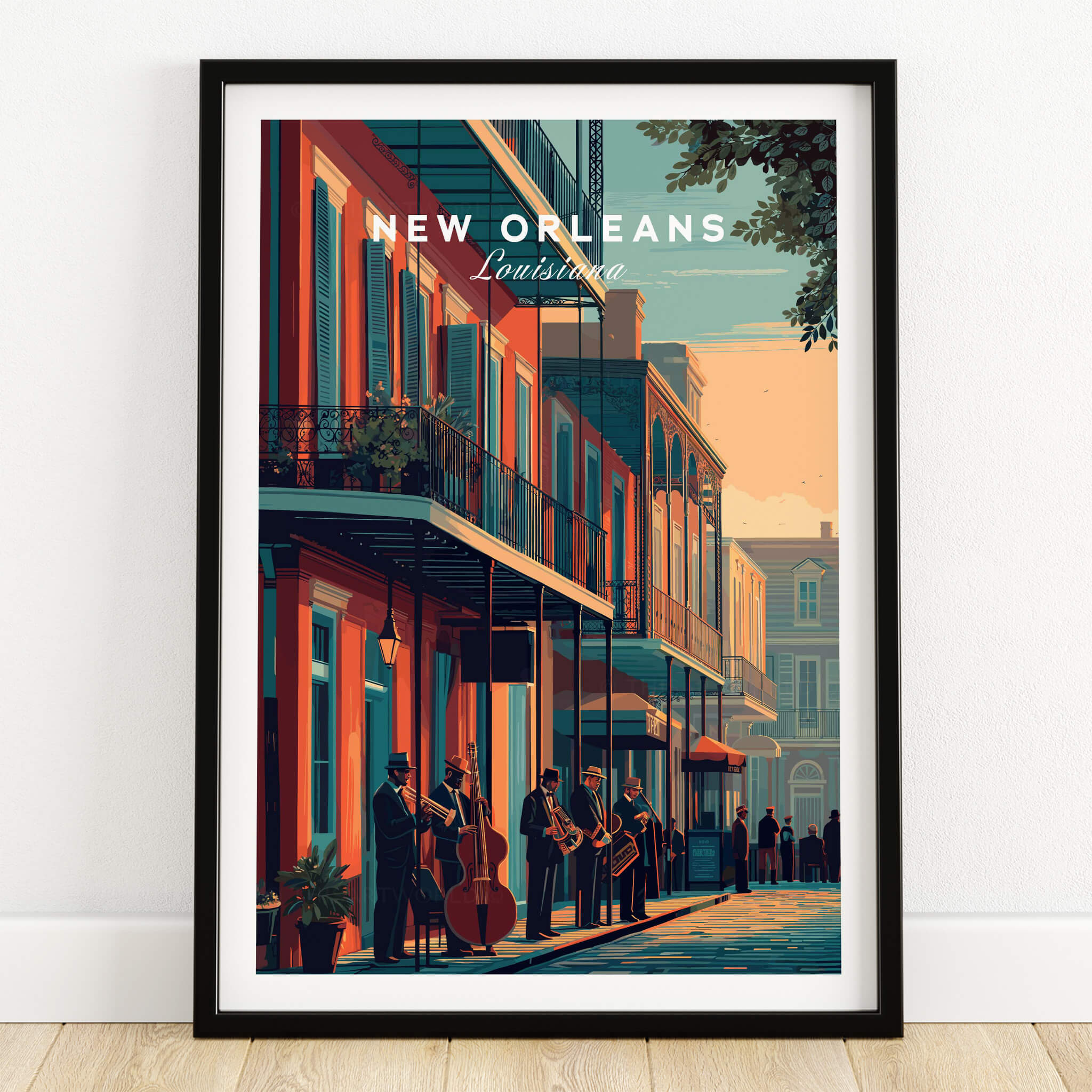 New Orleans Poster | Jazz Band Street Scene Wall Art Print featuring musicians in the French Quarter.