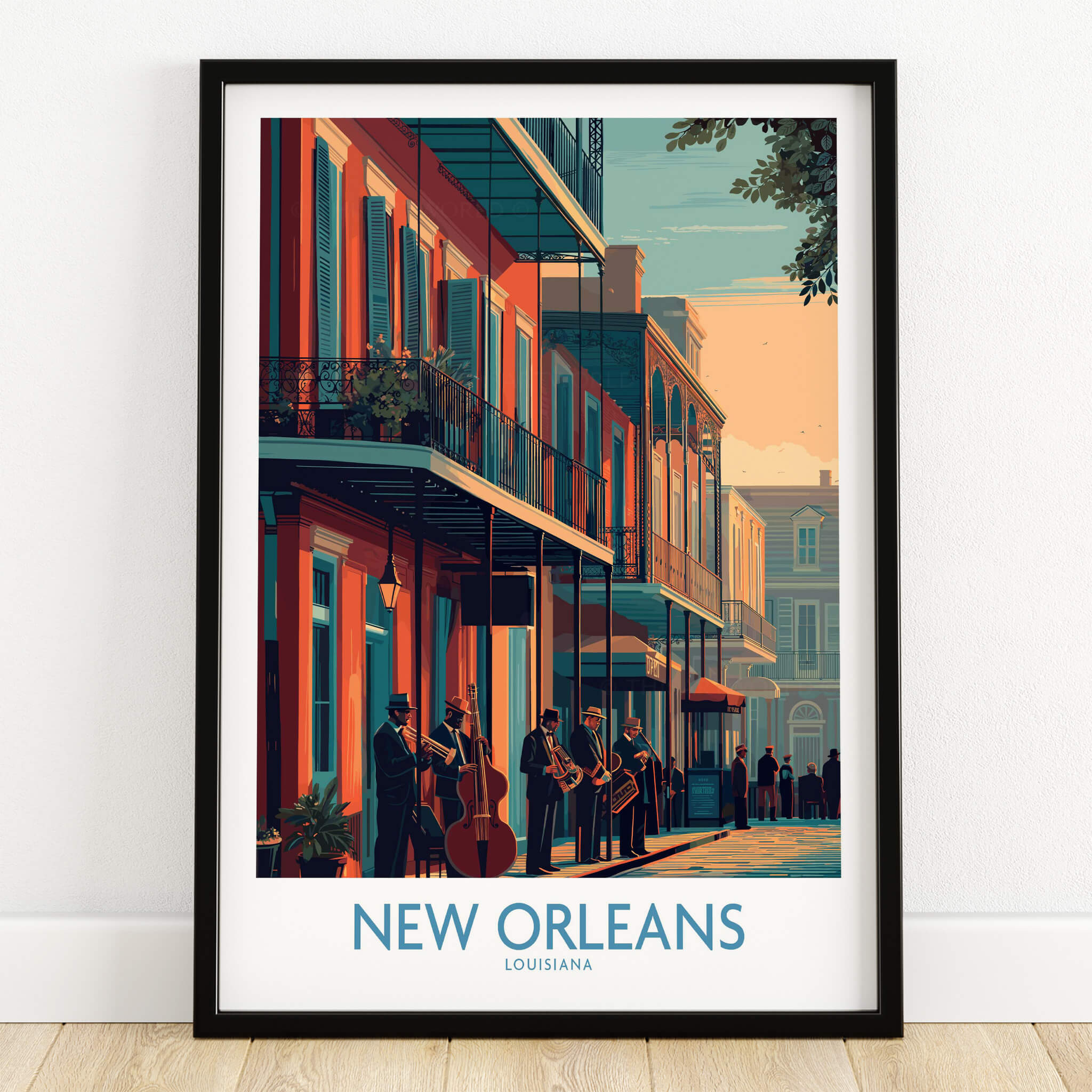 New Orleans Canvas Print | Musical Heritage Cityscape Poster featuring musicians and vibrant architecture.
